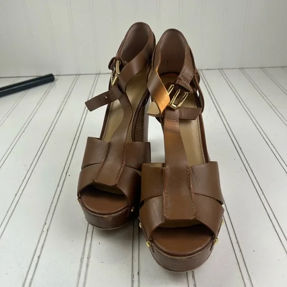 Michael Kors Brown Leather Platform T Strap Chunky Block Heels Women’s Size 7M - Picture 3 of 11
